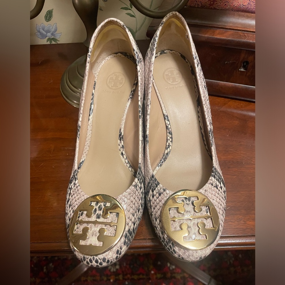 Tory Burch Snakeskin Pattern Flats with Gold Emblem